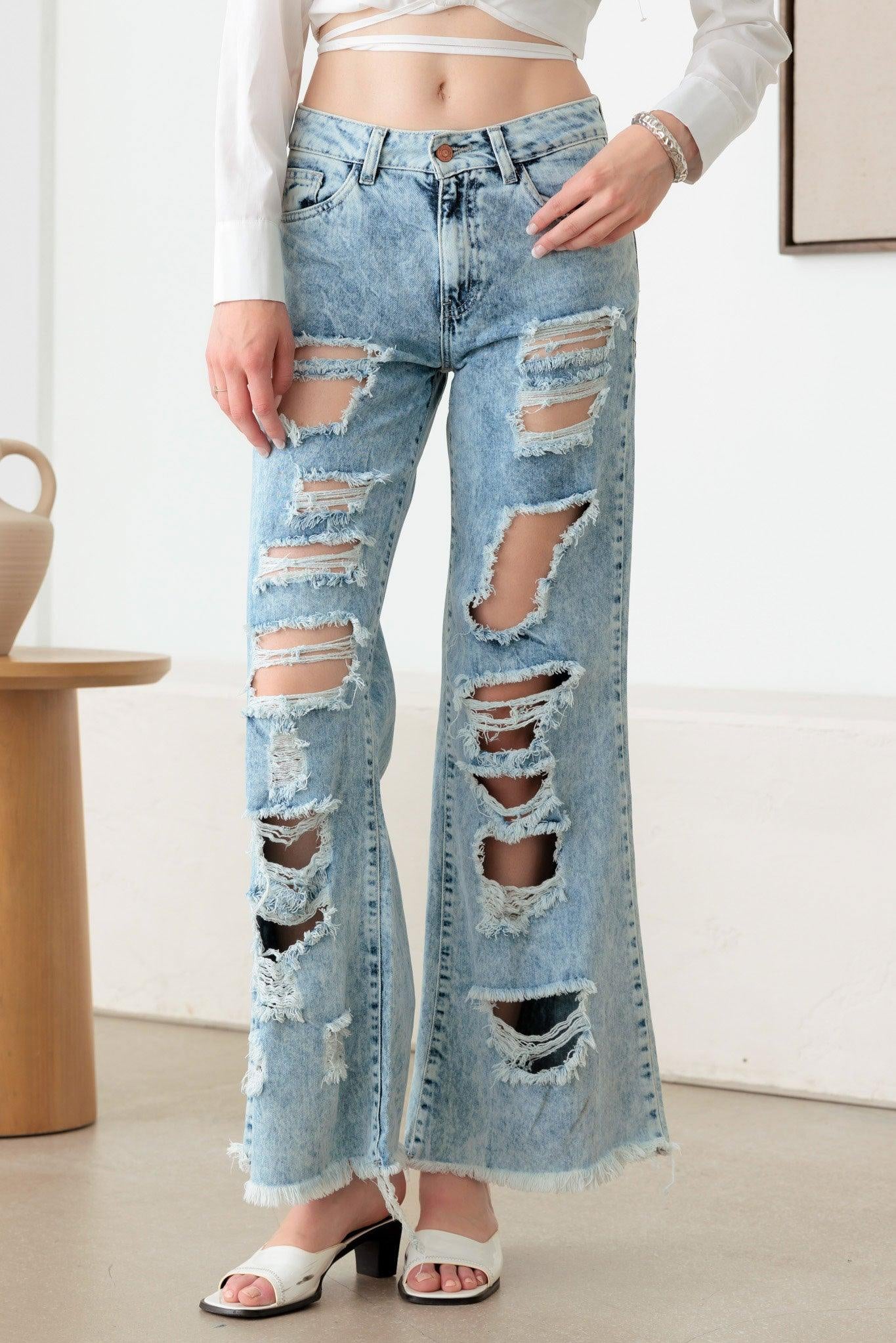 Distressed Flare Frayed Hem Denim Jeans