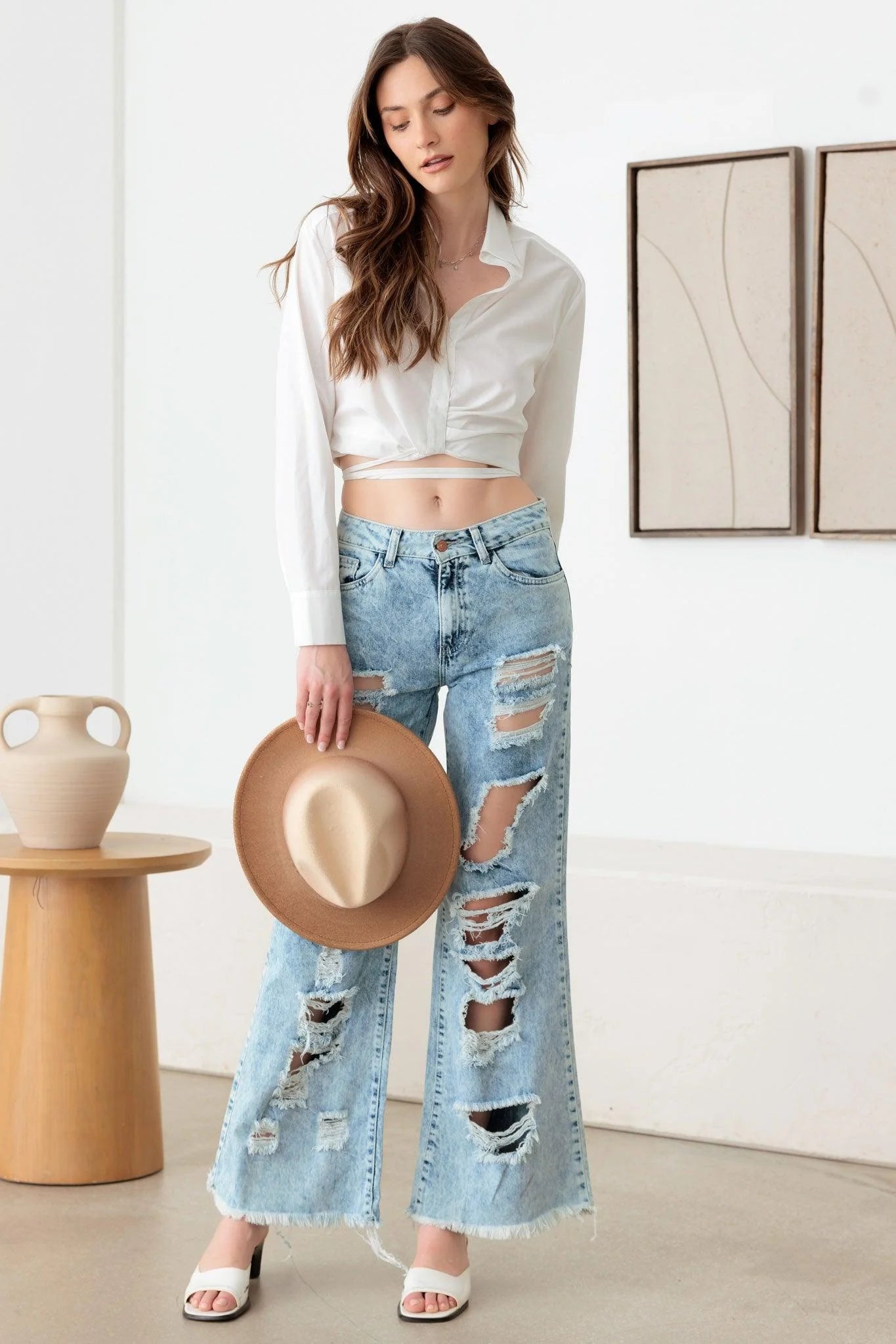 Distressed Flare Frayed Hem Denim Jeans